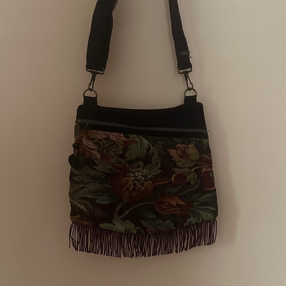 Floral tapestry crossbody bag fringe antique vintage handmade whimsigoth